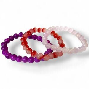 Purple Pink Red Bohemian Handmade Set Of 3 Stretch Bracelets